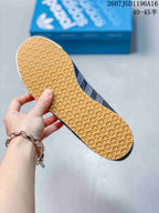 Close view of the sneaker outsole showing a repeating gum-colored textured traction pattern.