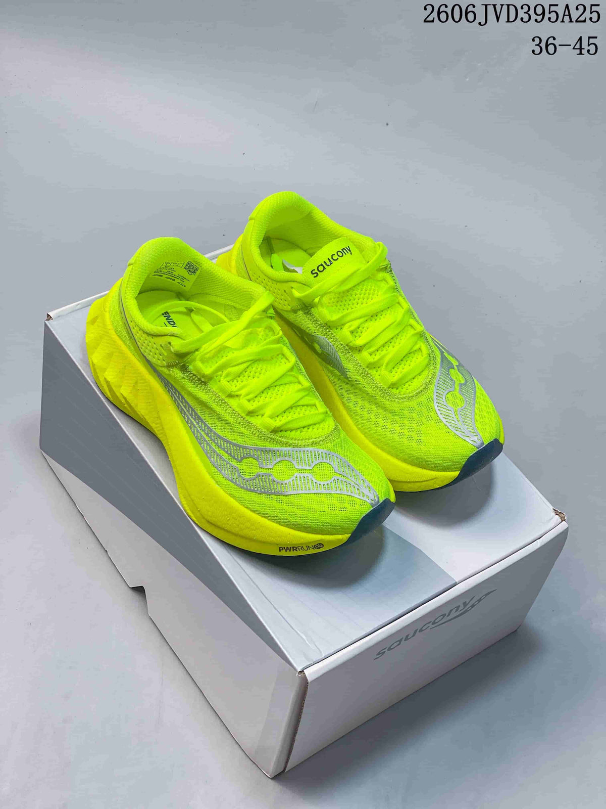 Pair of neon yellow Saucony running shoes with silver-gray side details; image text states 36–45.