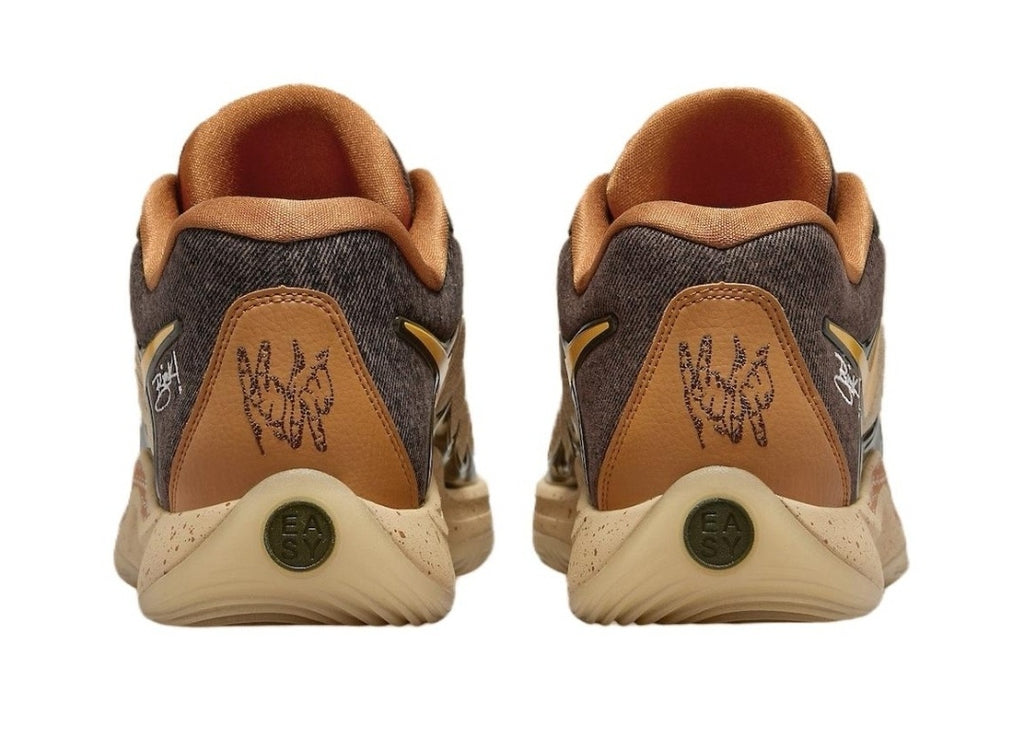 Rear view of the pair of brown and black Nike KD 17 basketball shoes.