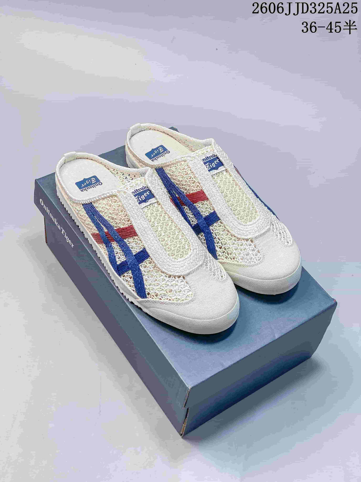 Pair of cream Onitsuka Tiger Mexico 66 Sabot slip-on sneakers displayed on a branded shoebox, with blue and red side stripes.