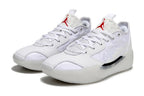Pair of white Jordan low-top sneakers with red tongue logos.