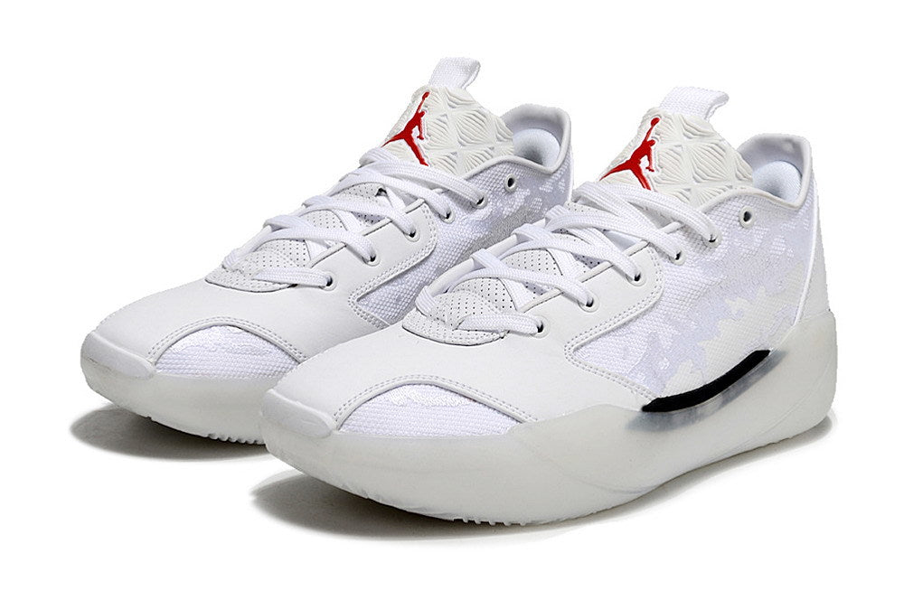 Pair of white Jordan low-top sneakers with red tongue logos.