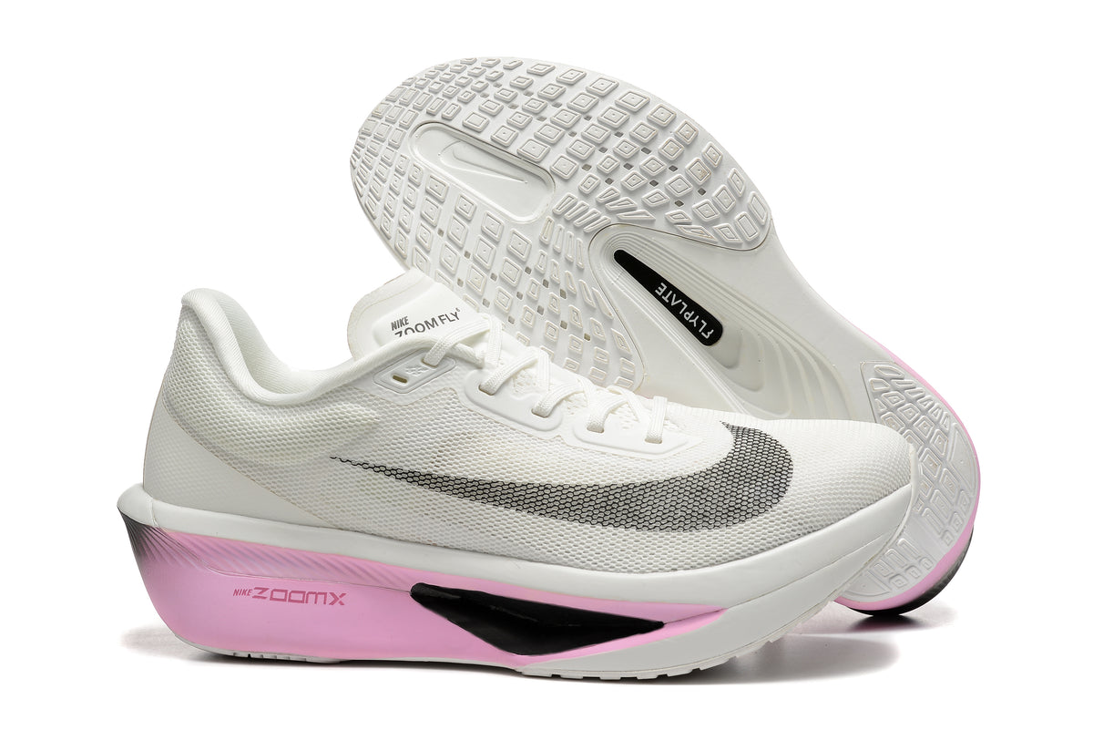 White Nike Zoom Fly 6 side profile with pink midsole and patterned outsole