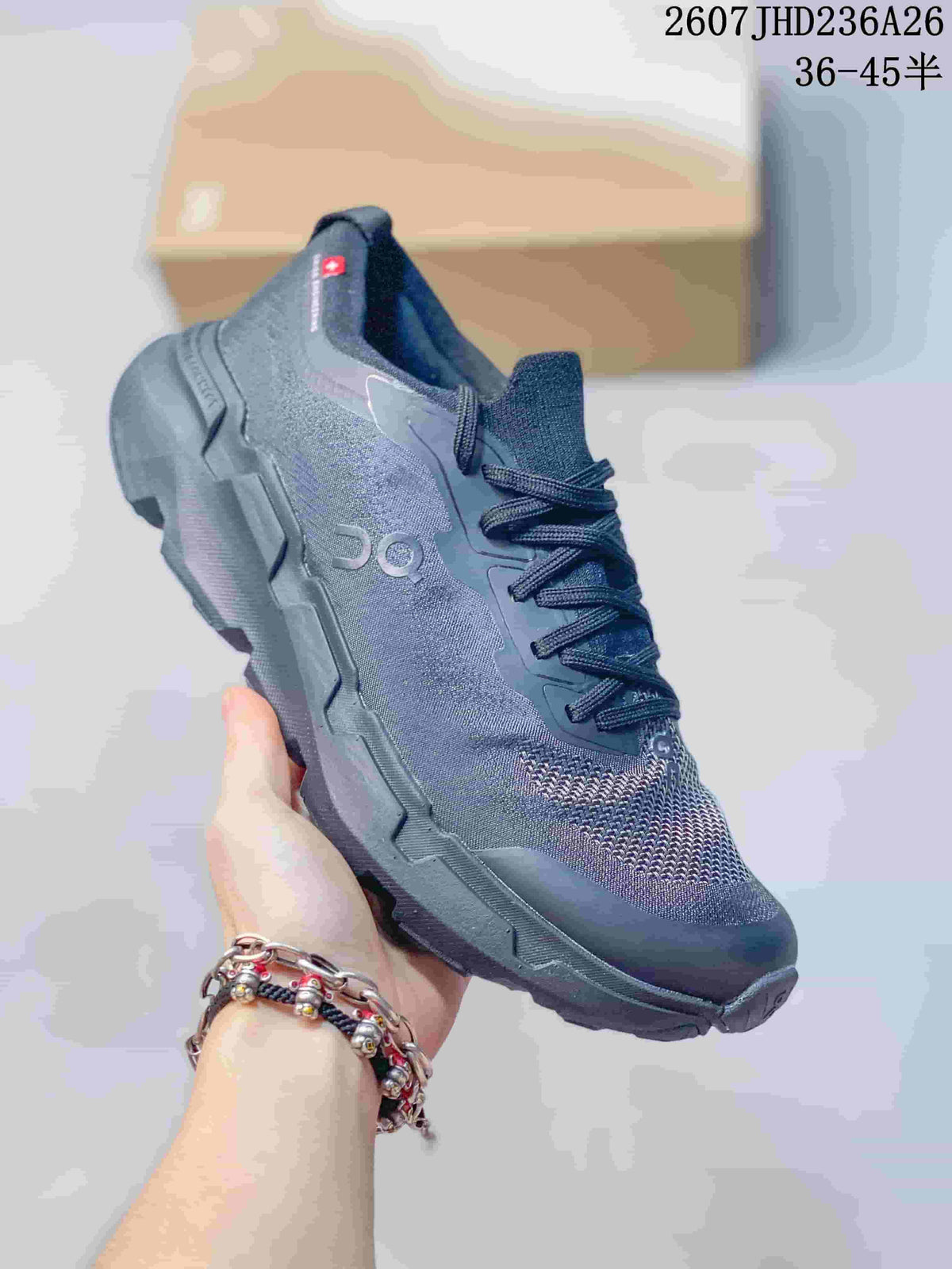 Side-angle view of a dark gray On trail running shoe with a textured upper, lace closure, and lugged outsole; overlay text shows 2607JHD236A26 and 36–45.5.