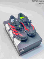 Pair of black and red Adidas Adizero Evo SL sneakers displayed on a shoebox; style code 2607ND105A15 and size range 36–45 are visible.