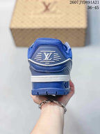 Rear view of the sneaker showing the blue heel panel, white midsole stripe, and raised heel construction.