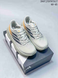 Pair of light gray adidas sneakers with navy and orange side accents displayed on an adidas shoebox; image text shows style code 2607JYD767A17 and sizes 40–45.