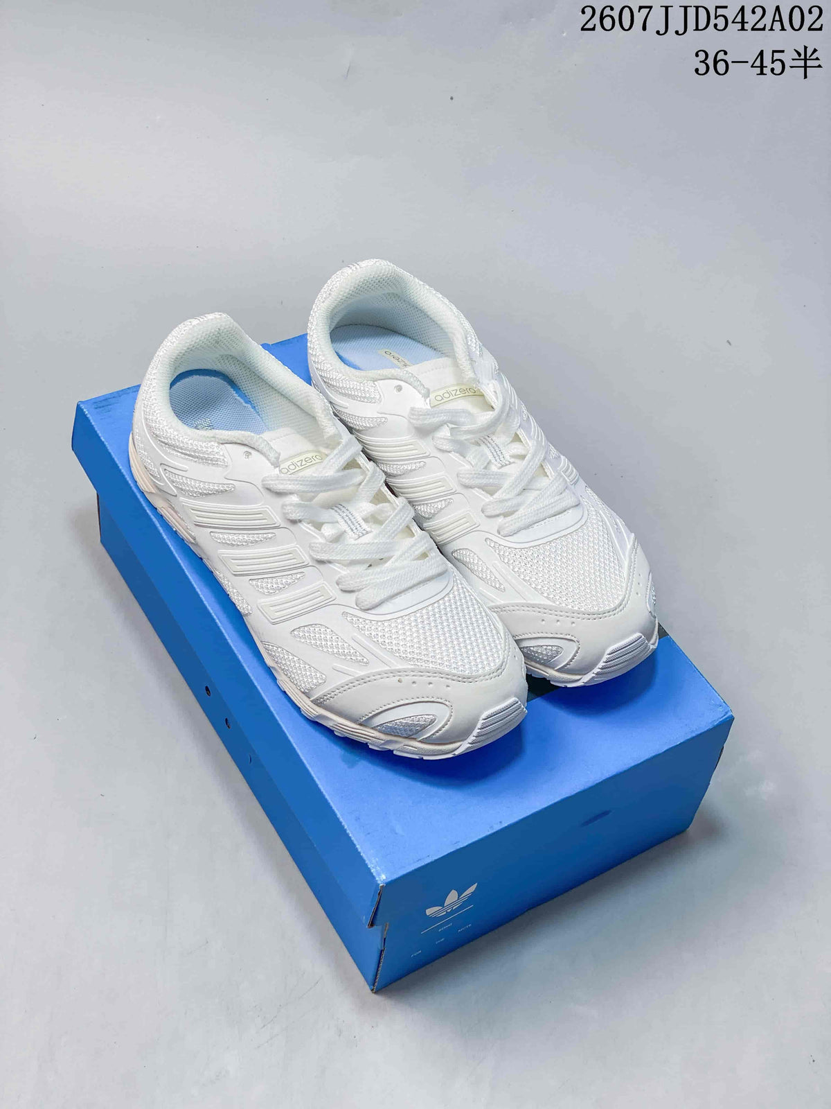 White Adidas Adizero sneakers shown from above on a blue box; image overlay gives a size range of 36–45.5.