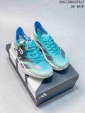 Aqua and white adidas Adizero Adios Pro 4 sneakers displayed on a shoebox, with the size range and style code visible at the top.