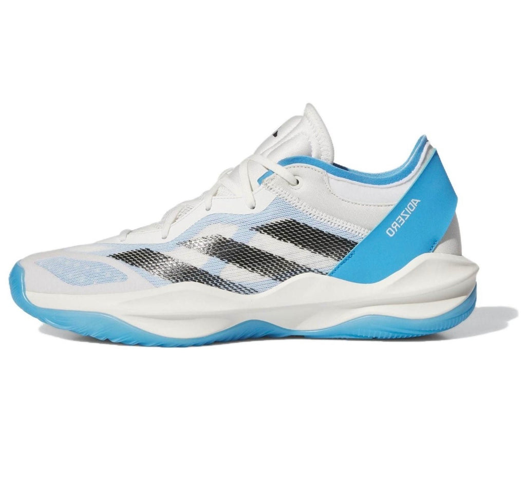 Closer side profile showing the Adidas Adizero shoe's striped upper and blue heel panel.