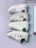 Four MLB sneaker color variations arranged side by side, including white-and-lavender, white, and white-and-dark-trim versions; visible overlay text includes style code 2607JDD294A24 and 36–40 and 35–45 size ranges.
