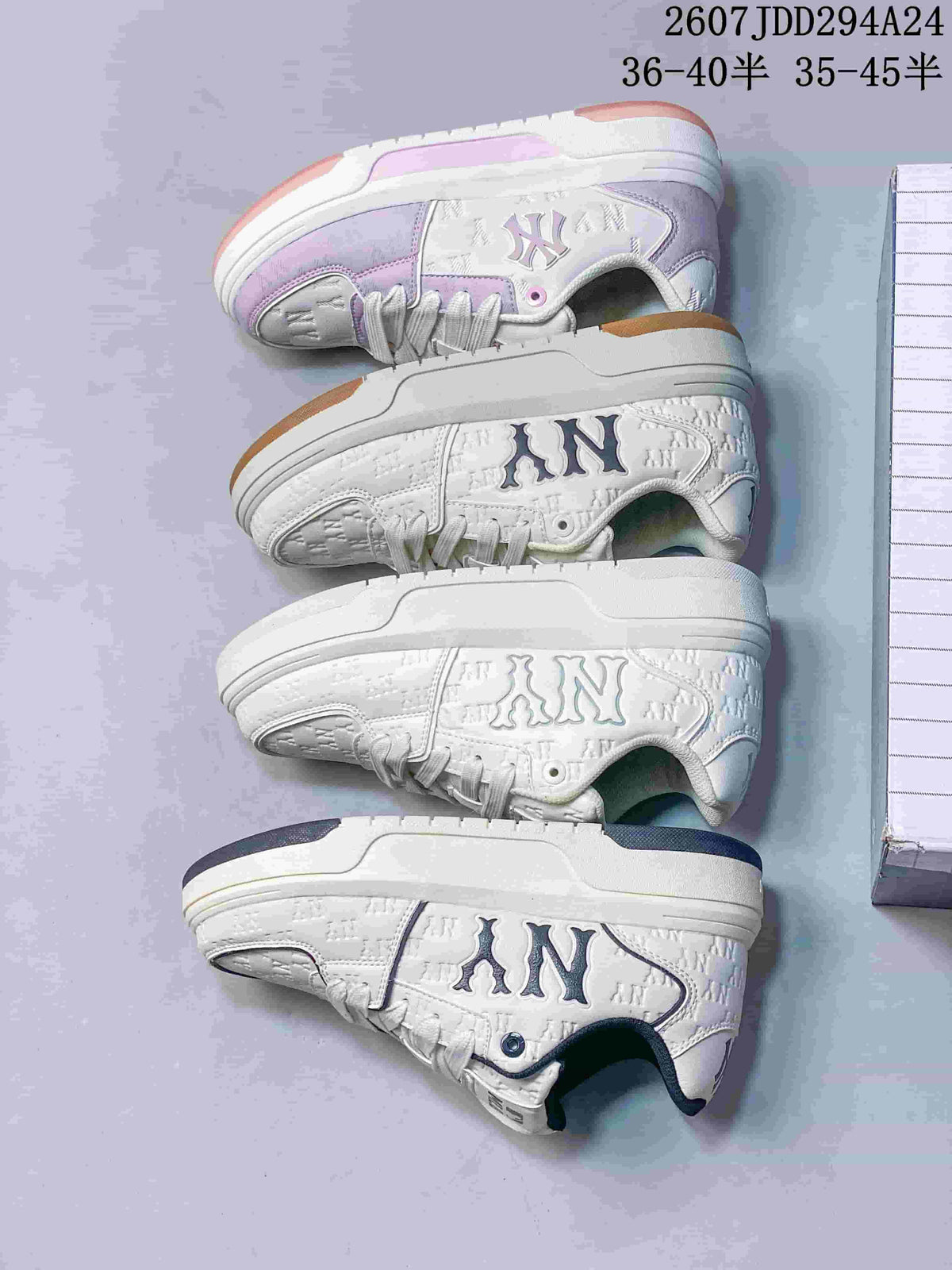 Four MLB sneaker color variations arranged side by side, including white-and-lavender, white, and white-and-dark-trim versions; visible overlay text includes style code 2607JDD294A24 and 36–40 and 35–45 size ranges.