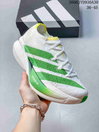 Angled side view of the white running shoe with green stripes and yellow details.