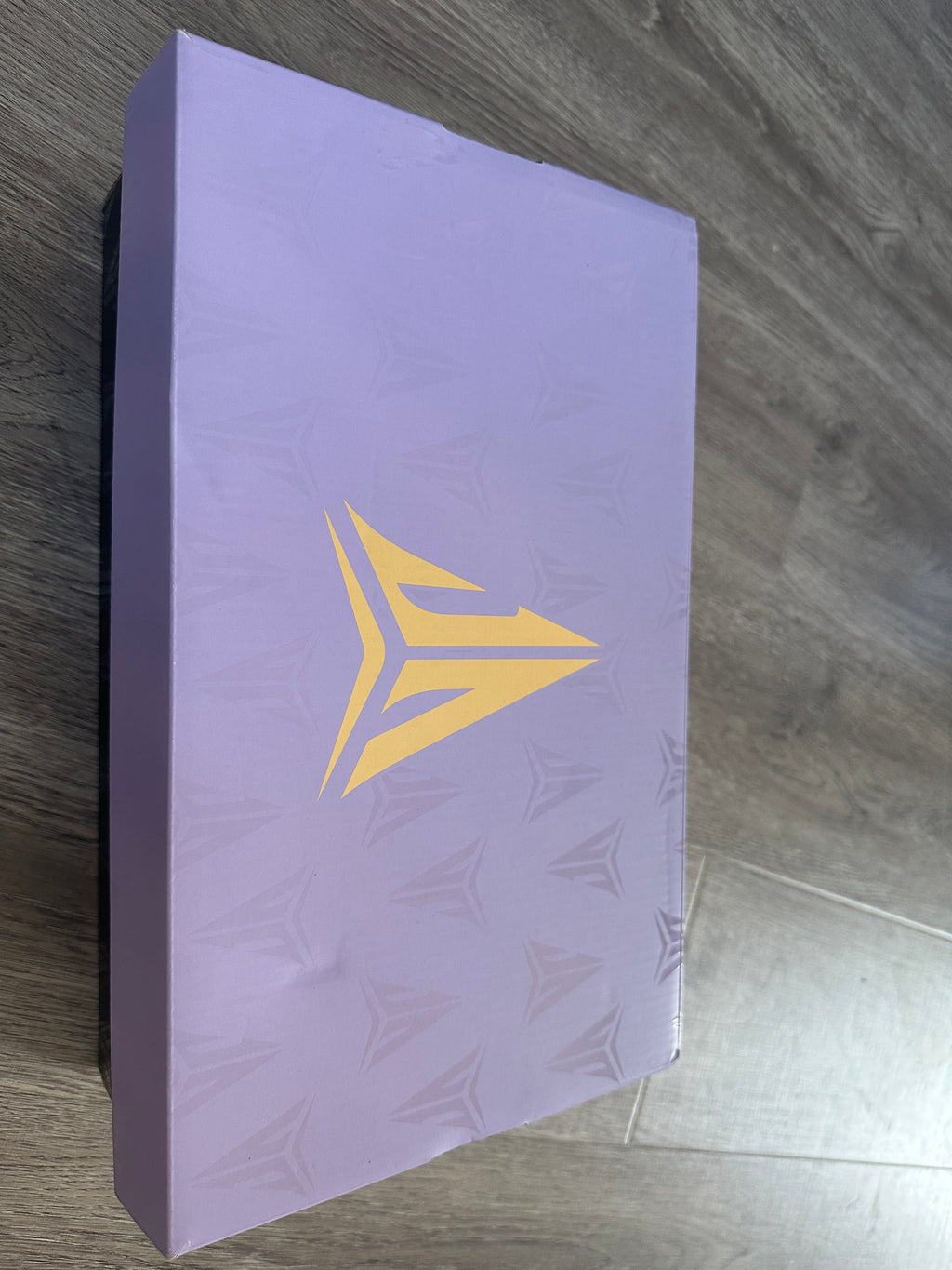Light purple shoe box with a gold-colored basketball logo