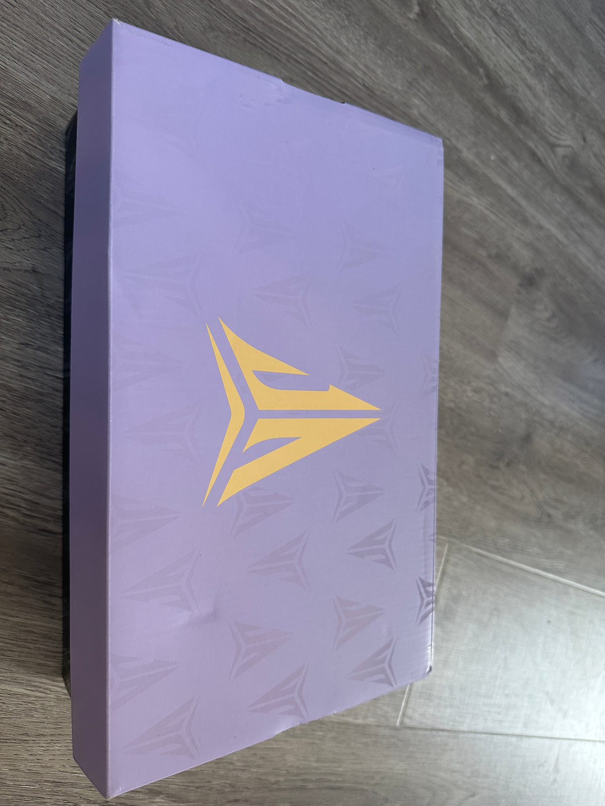 Light purple shoe box with a gold-colored basketball logo