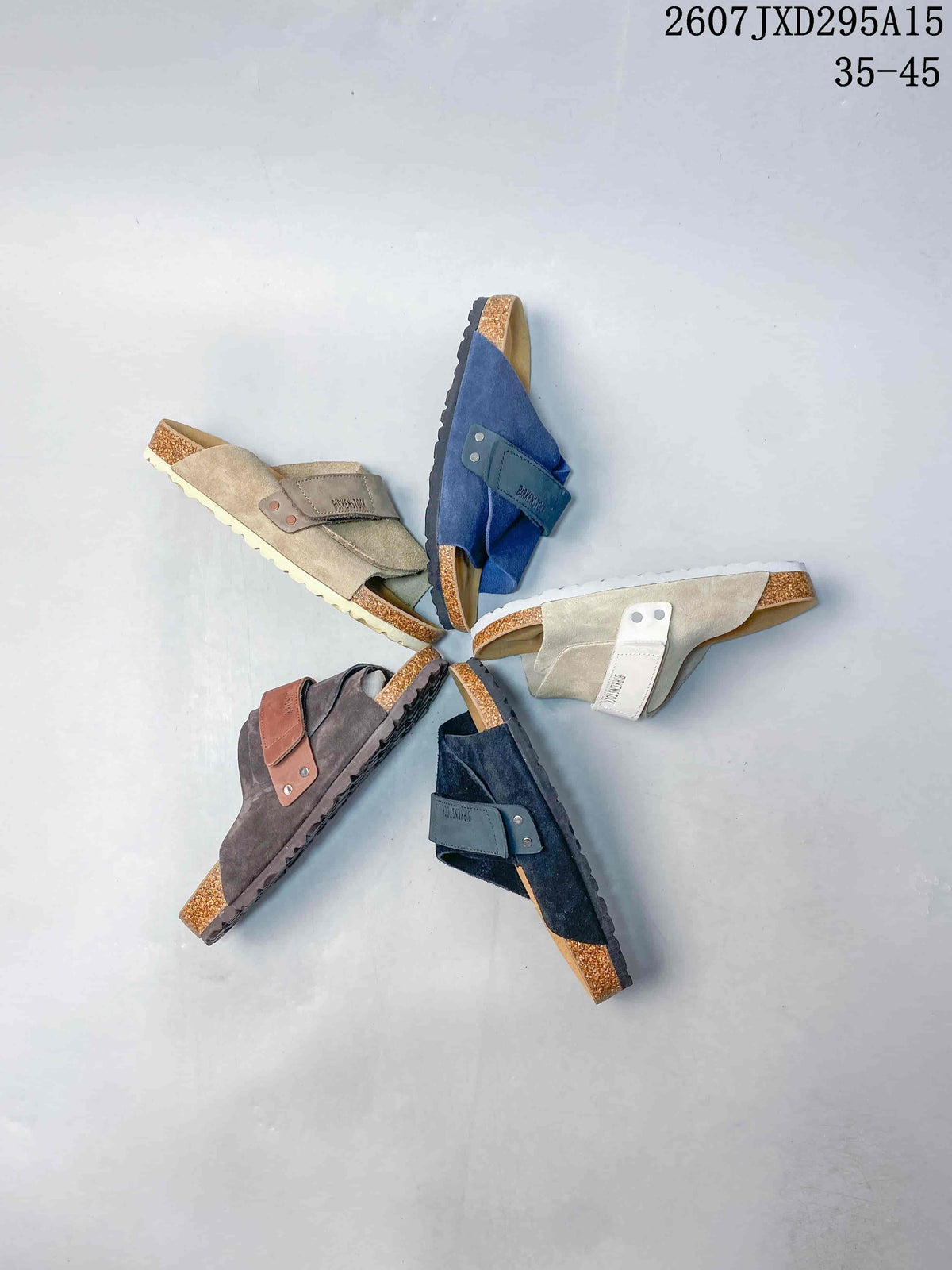 Overhead arrangement showing Boston-style sandals in navy, brown, taupe and light beige color options.