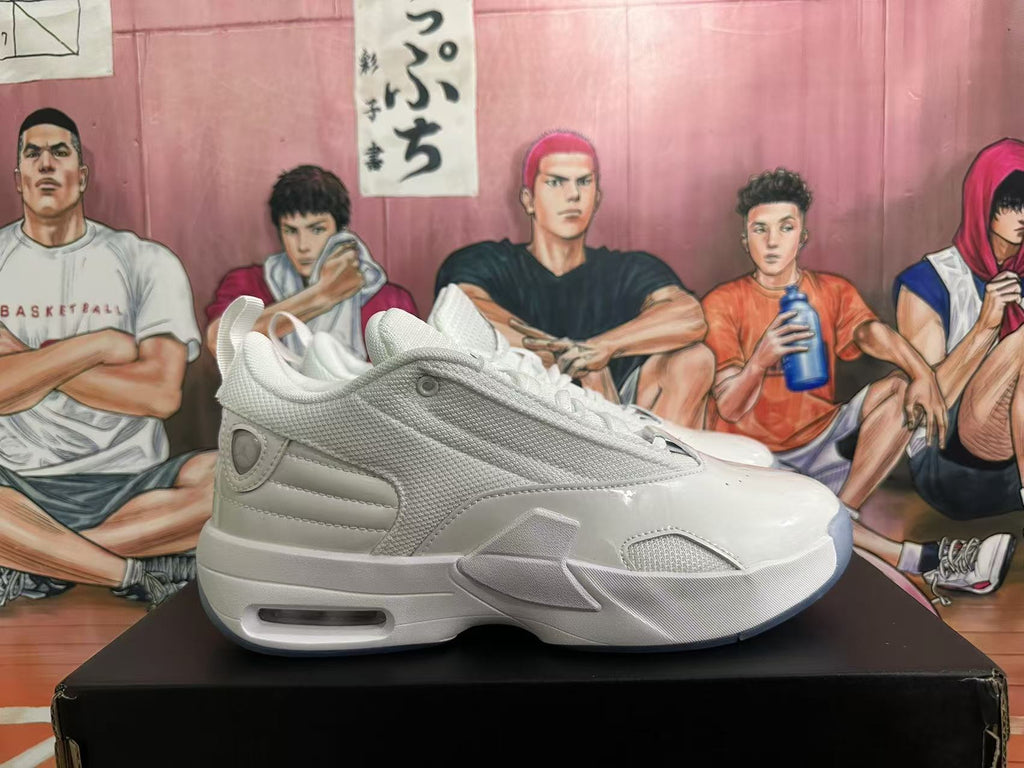 Side profile of a white Jordan sneaker showing layered panels, textured upper sections, heel detailing, and a visible heel air window.
