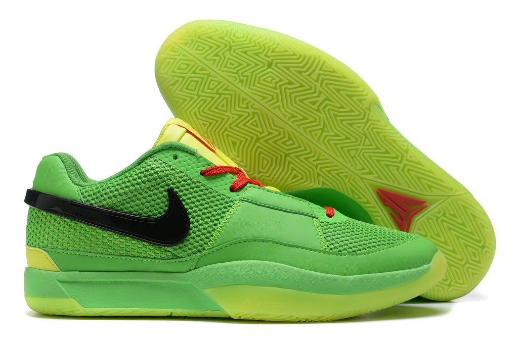 Bright green Nike Ja 1 basketball shoes with yellow and red accents.