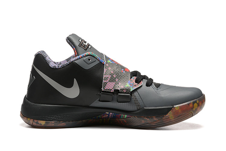 Side view of a gray and black Nike KD 4 shoe with a patterned strap and outsole.