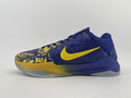 Blue and yellow Nike low-top basketball shoe with a graphic-patterned upper and gray outsole