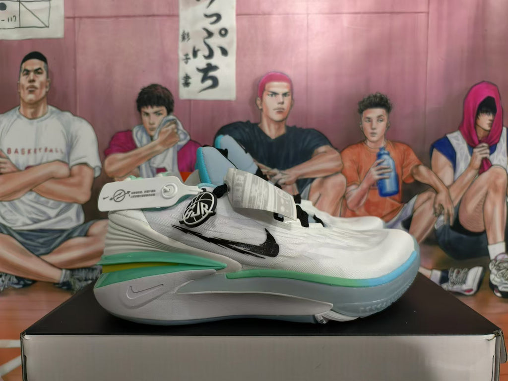 Side view of a white Nike basketball shoe with black Swoosh and green, blue, and yellow sole details.