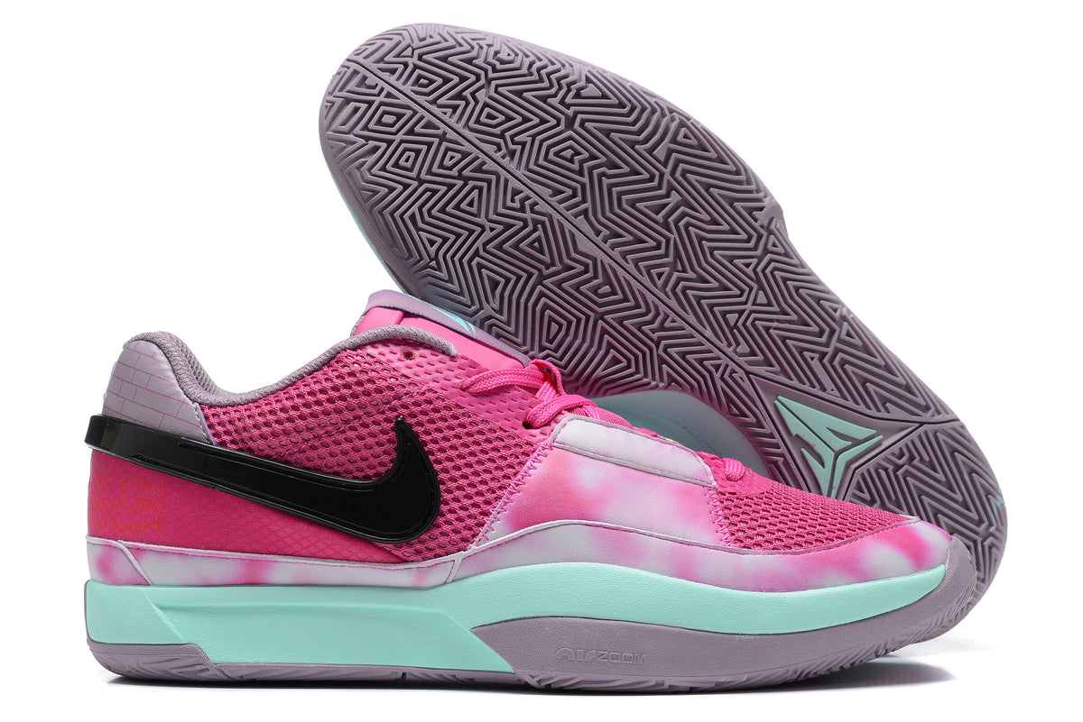Pink Nike Ja 1 shoes with lavender and mint accents.