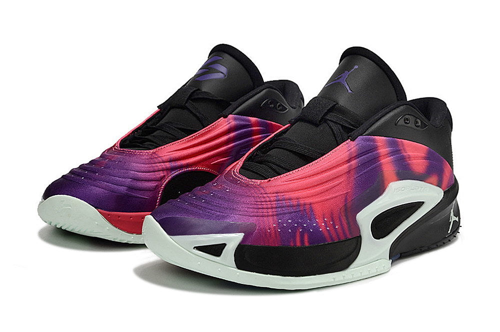 Front view of black Jordan Luka 3 shoes with purple and pink gradient detailing