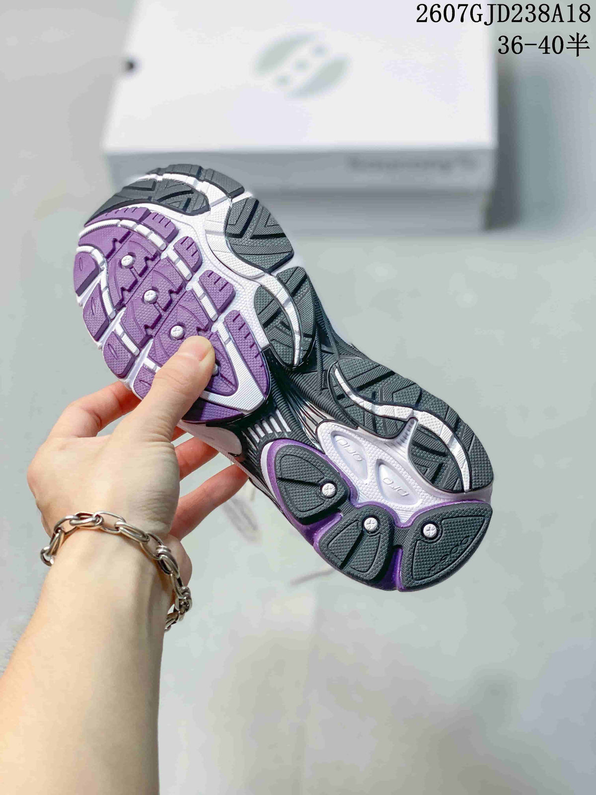 Close-up of the black, white and purple segmented outsole on a Saucony Progrid Omni 9 sneaker.