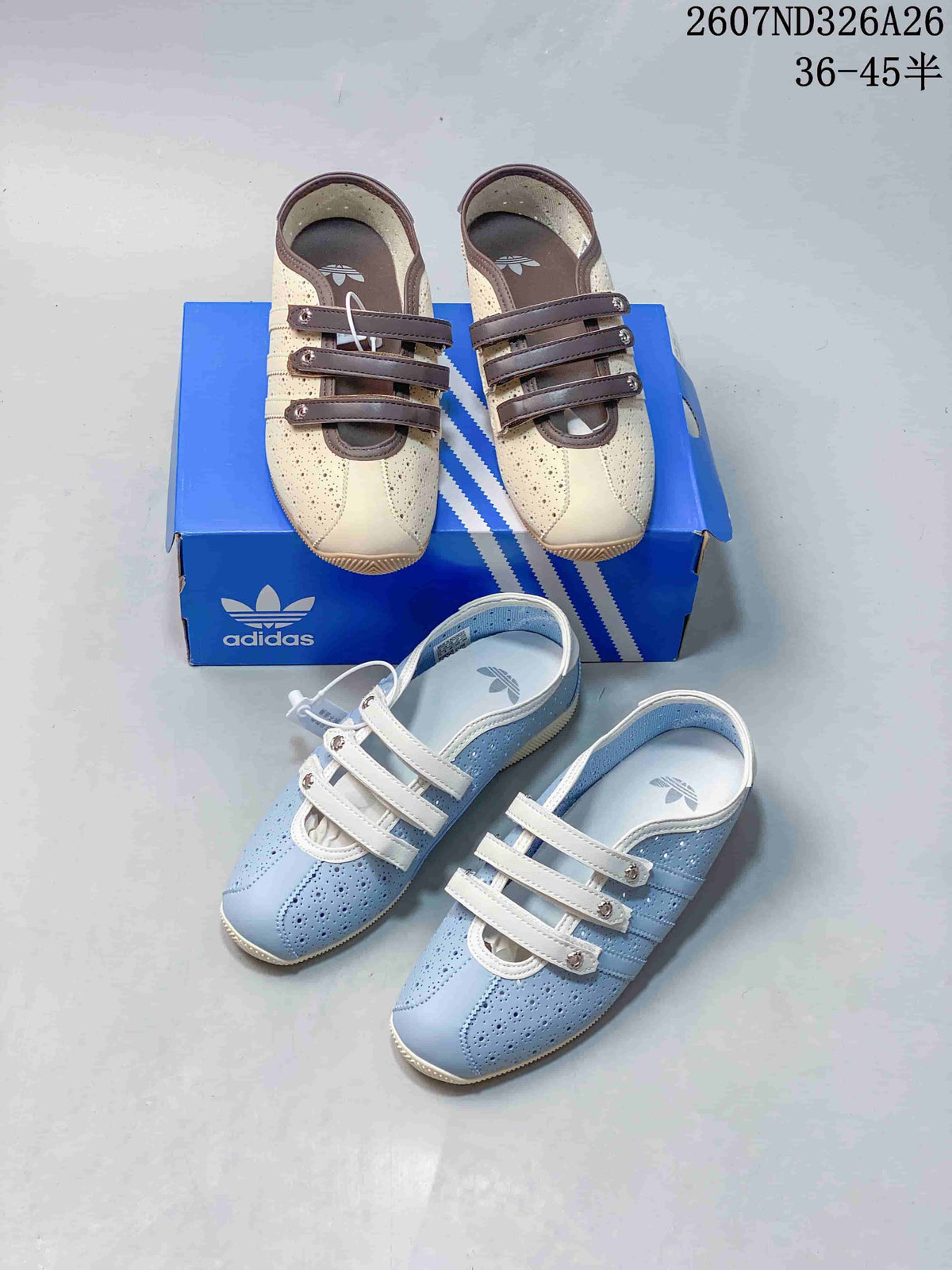 Both pictured colorways of the adidas Anfu trainers arranged together, including cream and brown and light blue and white.
