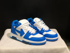 Front three-quarter view of the blue and white sneaker pair.