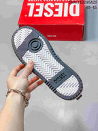 Close-up of the sneaker outsole with a patterned tread and Diesel wordmark