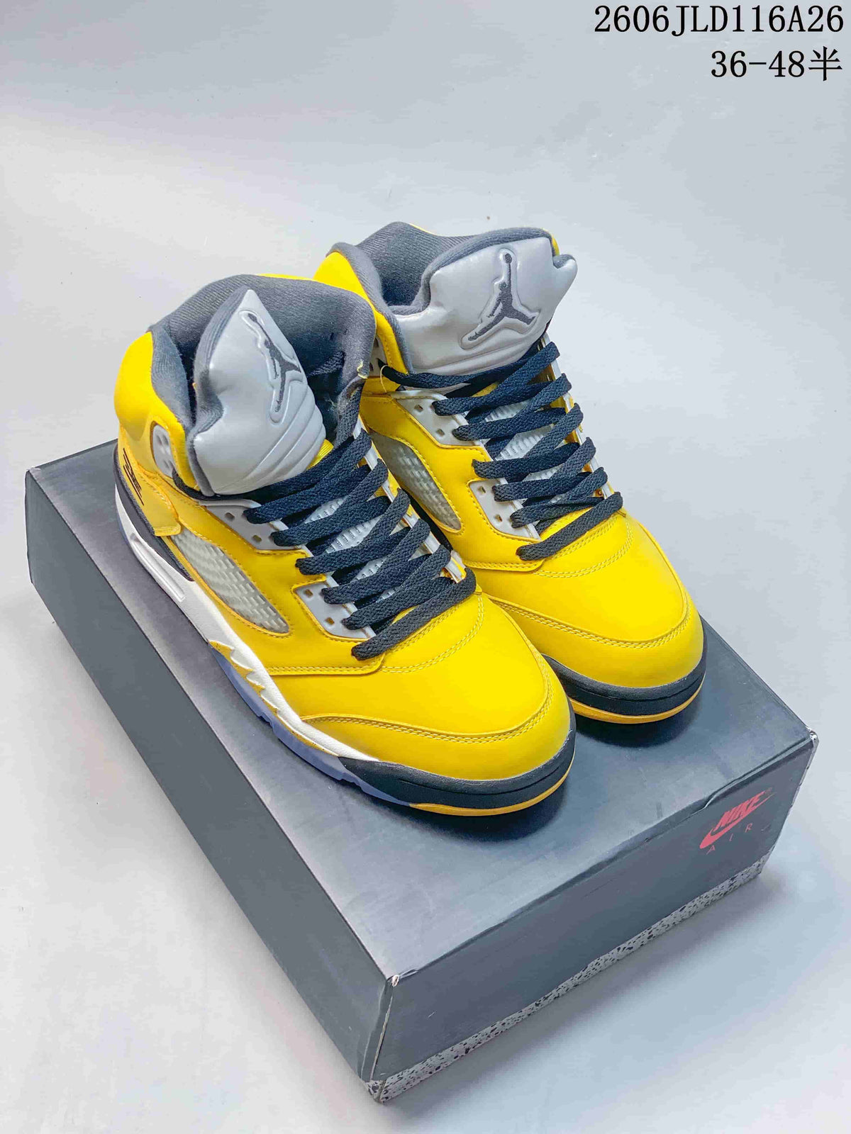 Yellow Air Jordan 5 high-top sneakers with dark laces and grey accents