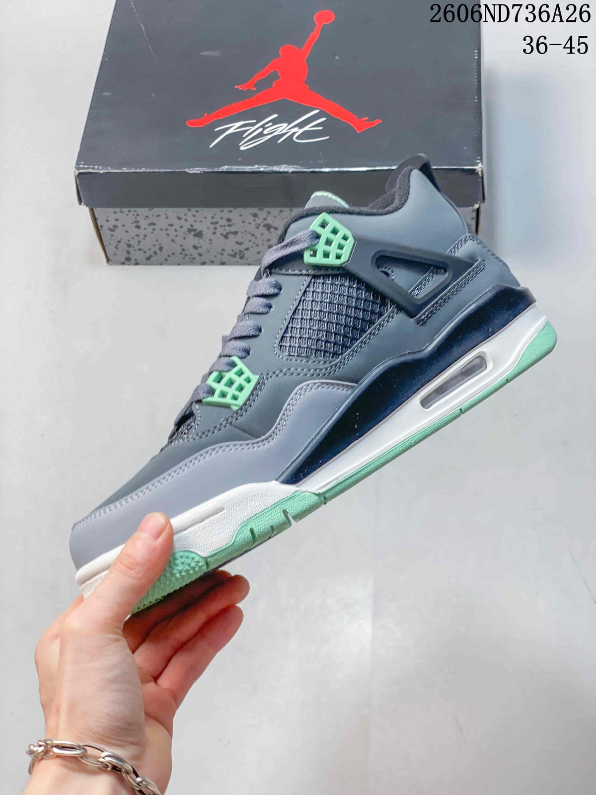Side view showing the grey upper, black mesh panel, mint eyelets, and visible air window.