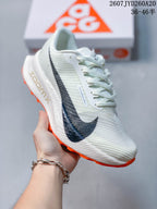 Angled close-up of an off-white Nike ACG Ultrafly Trail sneaker with black side branding and visible style code overlay.