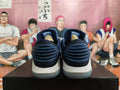 Rear view of blue, navy, and white Jordan basketball shoes