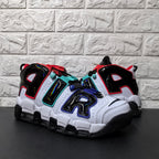 Pair of white and black high-top sneakers with colorful AIR lettering