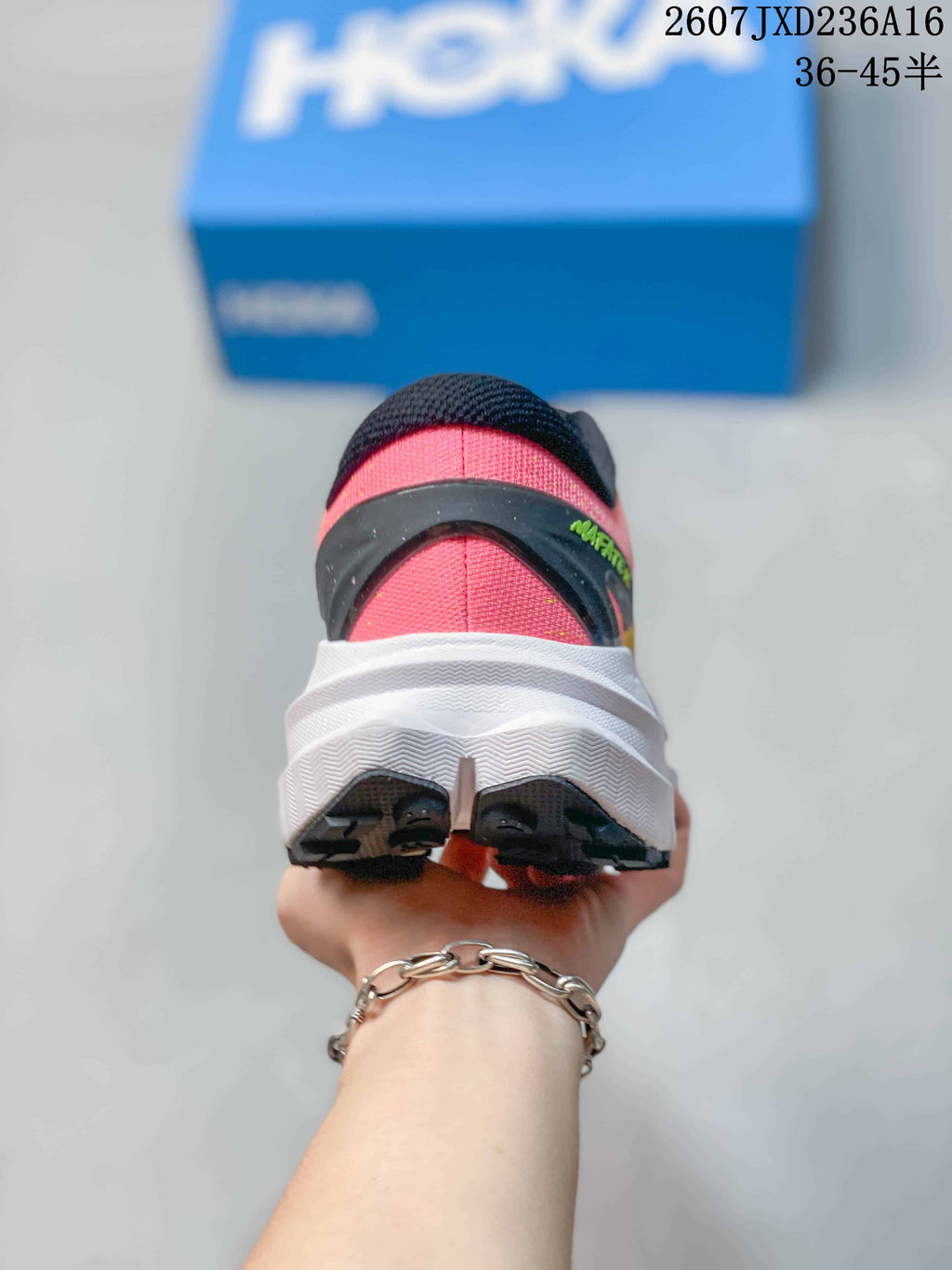 Rear view of the MAFATE X shoe showing the pink heel section, black heel overlay, thick white midsole, and split black outsole traction.