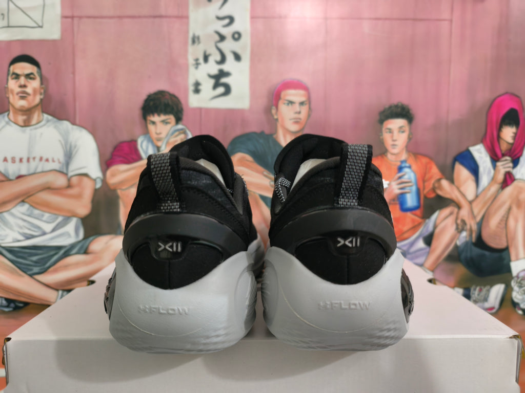 Rear view of black and gray basketball shoes with light-gray soles.