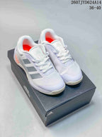 Pair of white adidas Dropset 4 training shoes displayed on an adidas shoebox; visible text shows style code 2607JYD624A14 and size range 36–40.