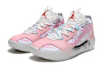 Pair of pink and white Jordan 39 shoes with multicolored laces.