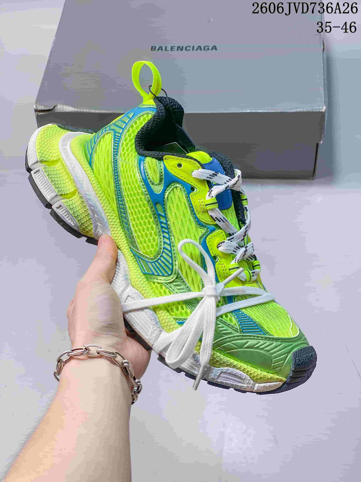 Neon yellow Balenciaga 3XL-style sneaker with blue accents
