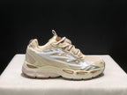 Single side profile of the cream OFF-WHITE Be Right Back sneaker against a dark background.