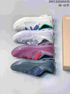 Top-down view of four shown Cloudnova Moon colorways in white, pale lavender, pink, and navy.