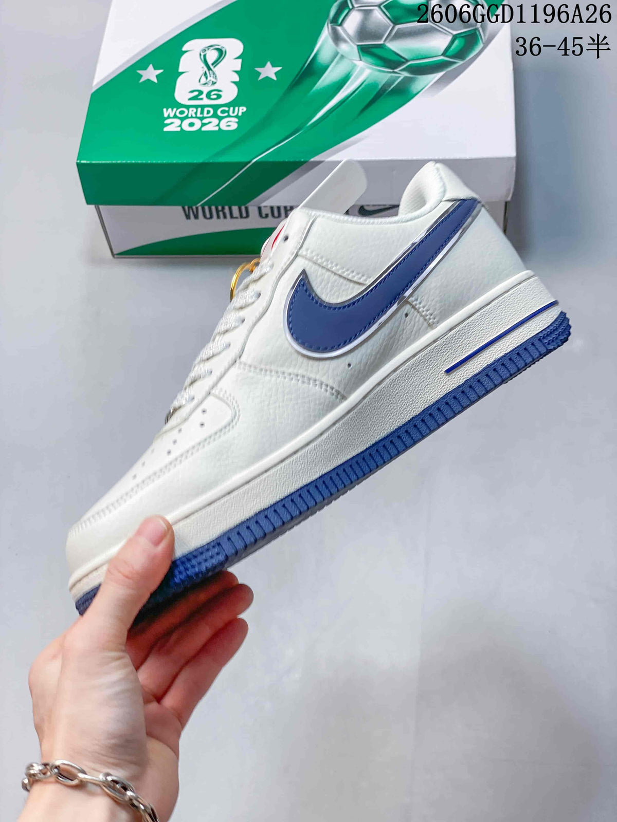 Side view of a white low-top sneaker with a blue side panel and blue outsole.