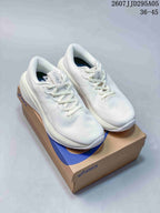 White ASICS Gel running shoes displayed on an ASICS shoe box; image text shows code 2607J JD295A05 and size range 36–45.