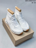 Pair of white Loewe x On Cloudtilt high-top sneakers displayed on a box, with the code 2607JXD937A27 and size range 36–45 visible above.