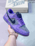 Purple and gray Nike Dunk Low sneaker with dark Swoosh detail; image overlay shows sizes 36–45.5.