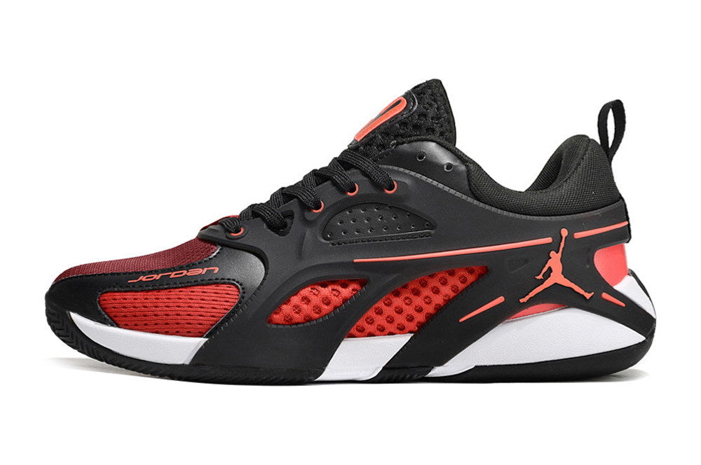 Side profile of a black and red Jordan Heir shoe