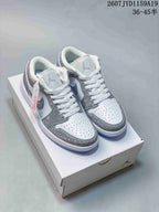 Pair of white and silver low-top Jordan sneakers displayed on a shoebox, with the style code 2607JYD1159A19 and size range 36–45 shown above.