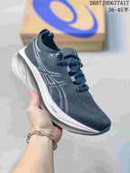 Dark charcoal ASICS Gel-Nimbus 26 sneaker with a textile-style upper, white midsole, and contrasting outlined side logo.